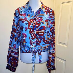 Cupcakes and Cashmere Colorful Patterned Button Tie Top Size Large